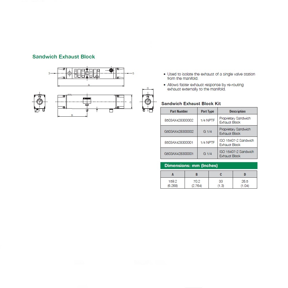 G503AX428300002 NUMATICS/AVENTICS SANDWICH EXHAUST BLOCK<BR>503 SERIES 1/4" G (PTY)